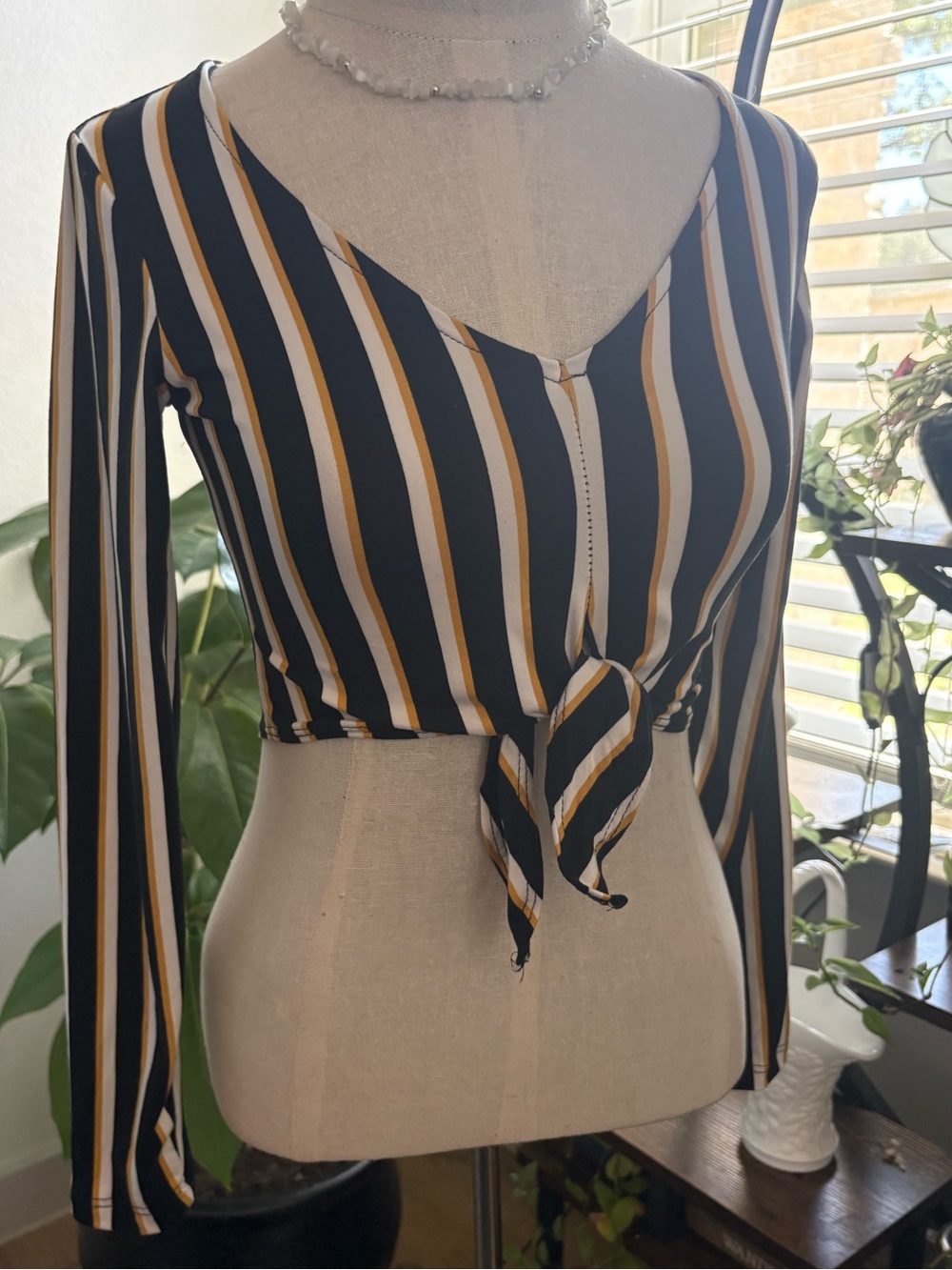 ABN Vertical Striped Tie-Front Long Sleeve Crop Top - Black White & Mustard NWOT